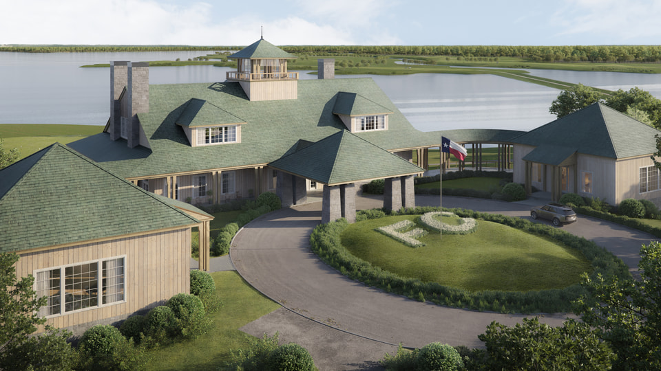 Freestone Club, Fairfield TX. Low aerial rendering of the clubhouse arrival court, porte cochere, monogrammed lawn island, and Texas flag with the lake behind by Radical Galaxy Studio