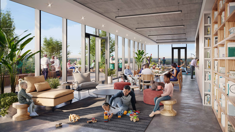 LeBreton Flats, Ottawa ON — community amenity lounge with children's play area and outdoor terrace