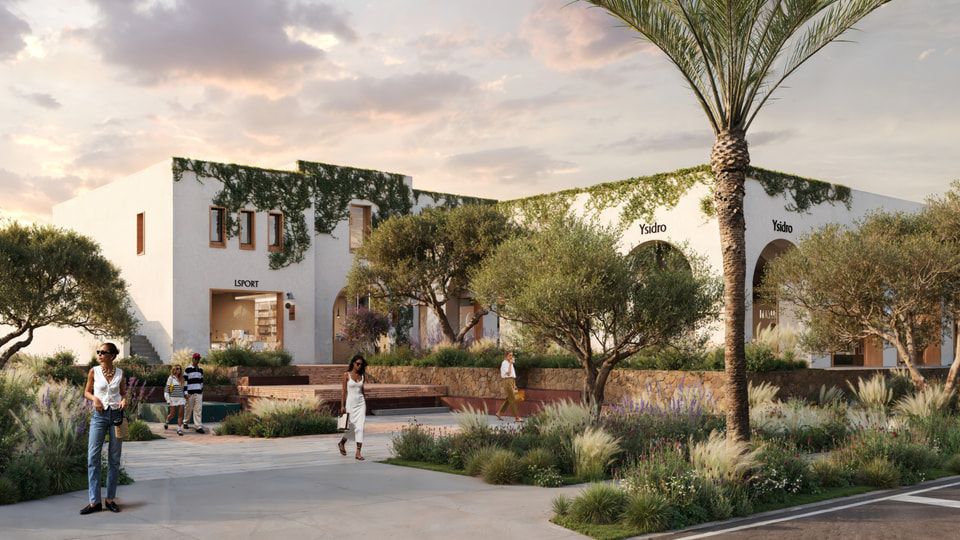 Santa Monica CA. Sunset rendering of a whitewashed retail village arrival court with arched shopfronts, vine covered walls, olive trees, and native grass planting by Radical Galaxy Studio