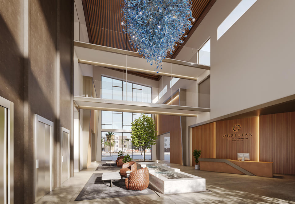 Architectural visualization of a spacious lobby with comfortable lounge seating, decorative accents, and a refined design style.