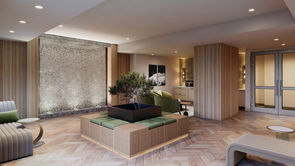3D visualization of Virginia multifamily community interior highlighting modern lounge design and warm lighting