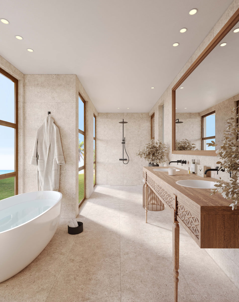 A 3D visualization of a Caribbean island home interior, showing a luxurious bathroom with a freestanding tub, walk-in shower, and natural stone finishes.