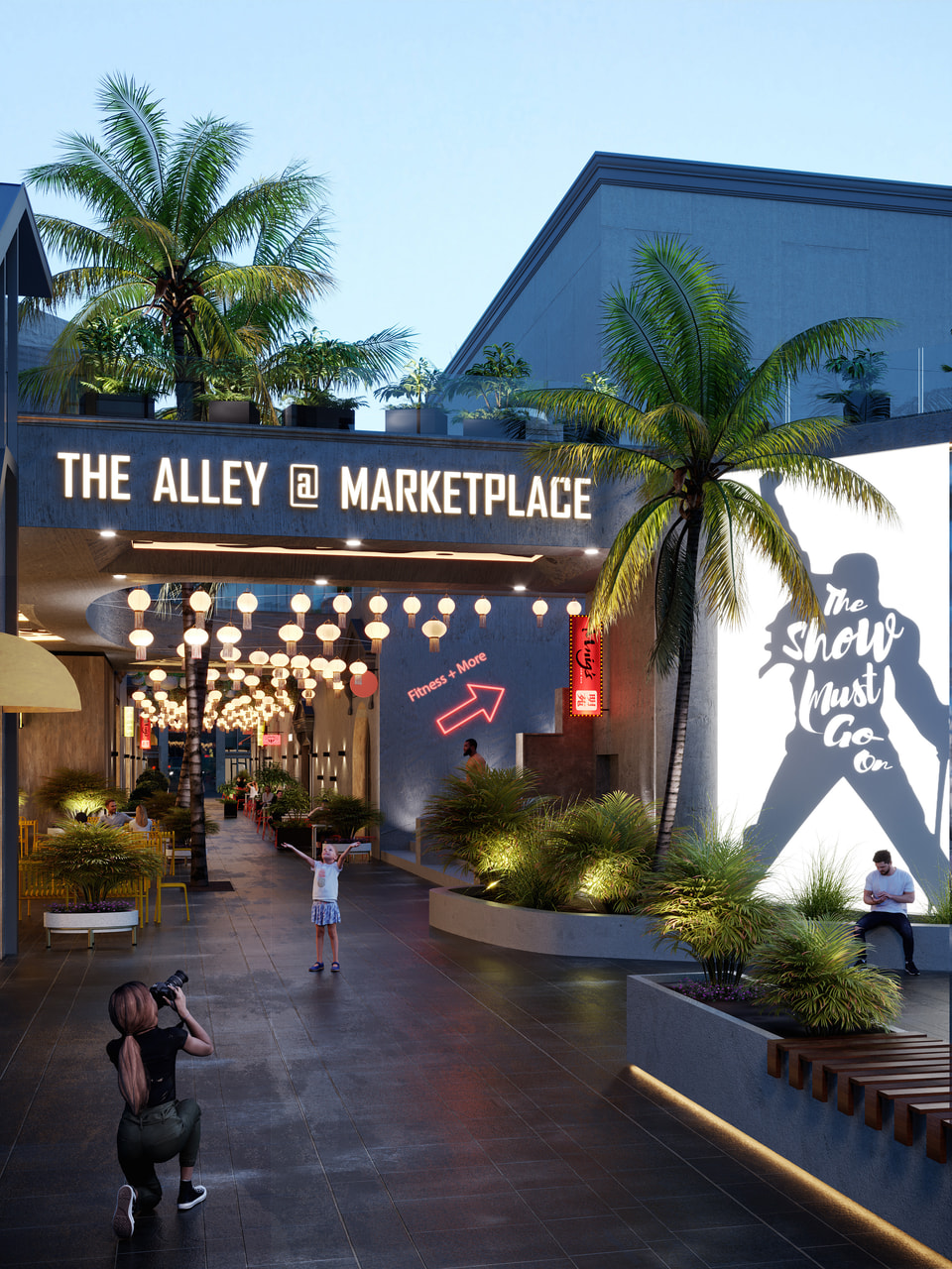 Glendale Marketplace, Los Angeles CA. Dusk rendering of The Alley at Marketplace retail promenade with illuminated signage, strung globe lanterns, palms, and outdoor cafe seating by Radical Galaxy Studio