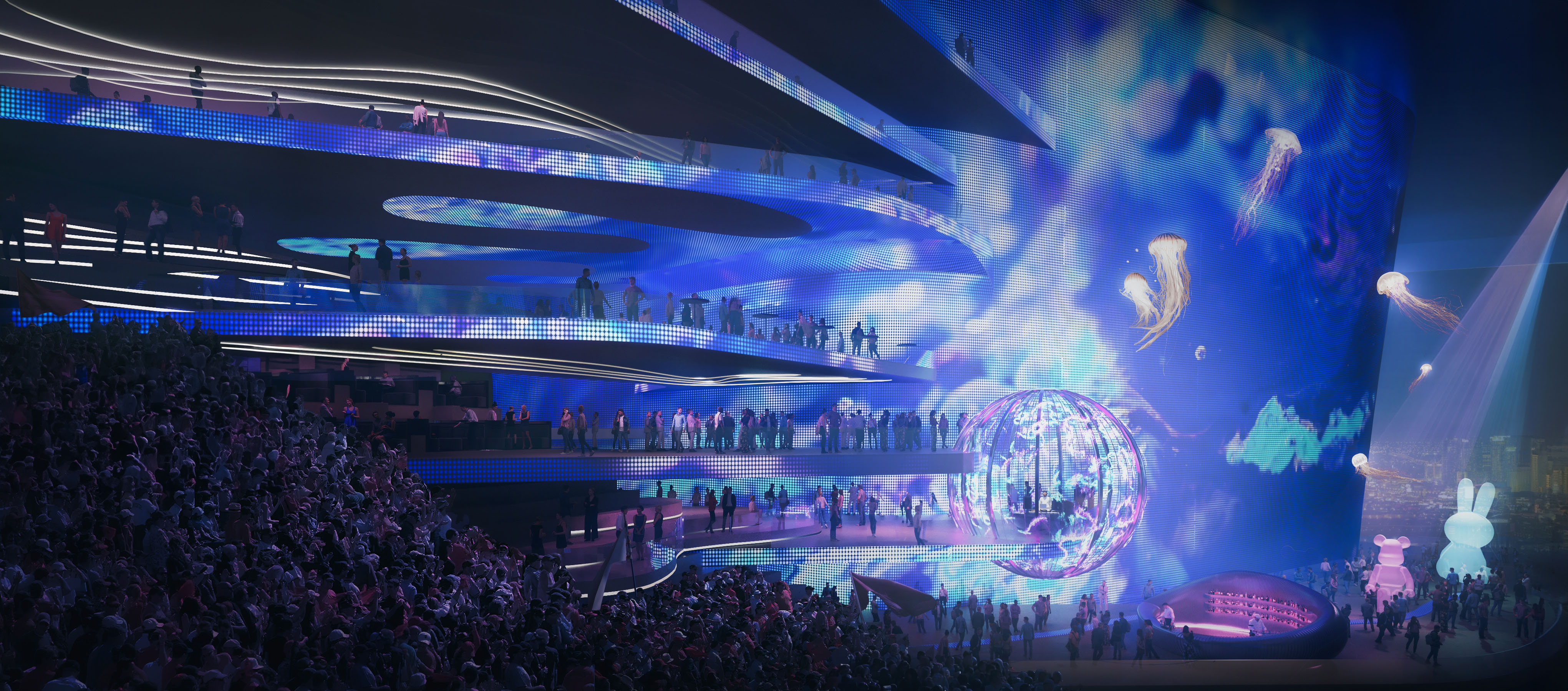 3D architectural visualization of a sports and entertainment venue with dynamic lighting effects and a large event audience.