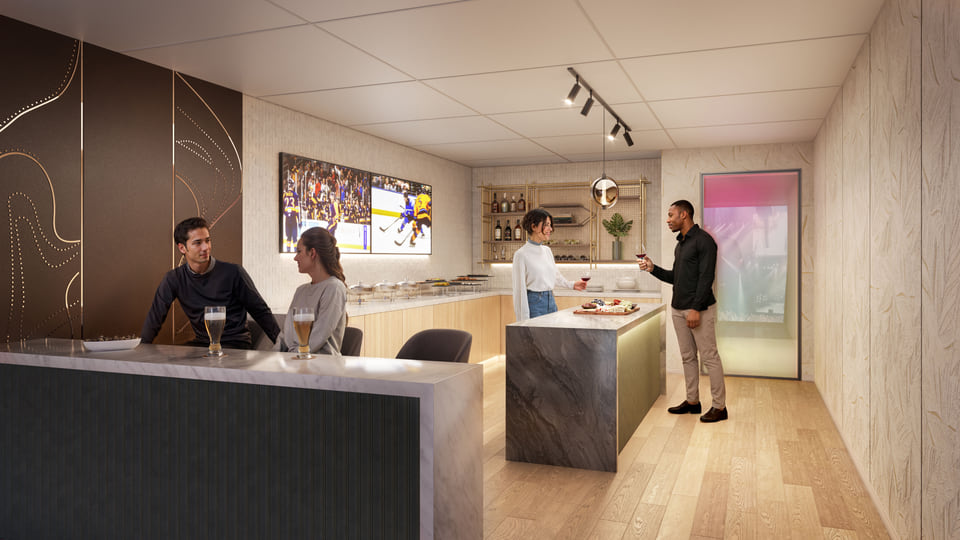 Rendering of a premium sports stadium suite interior with lounge seating, bar, and open sightlines to the field