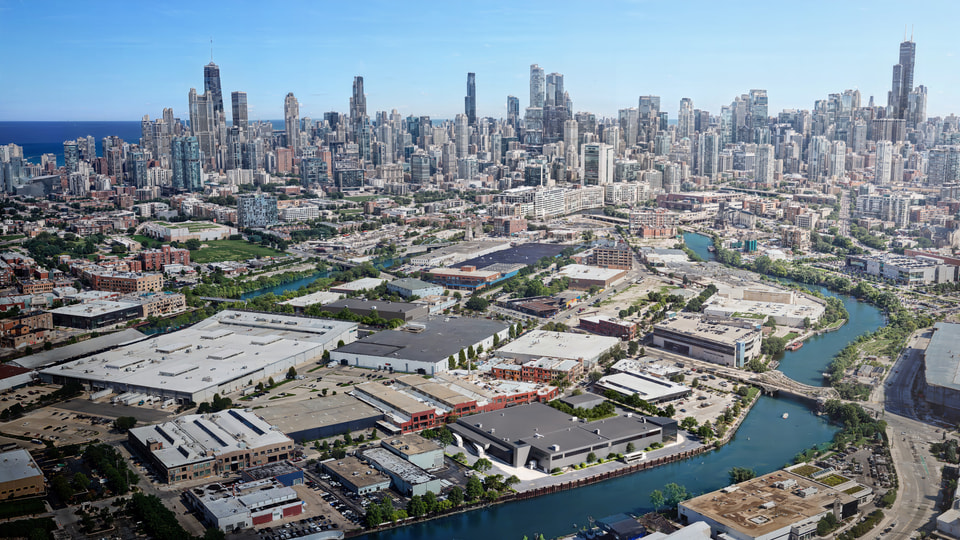 DMG Mori, Chicago IL — campus aerial rendering with plant footprint, parking fields, and screened service yard