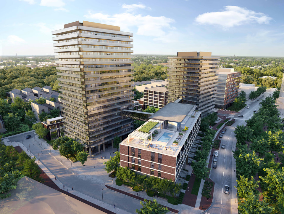 Aerial rendering of a mixed-use district with two bronze-trimmed residential towers above a landscaped rooftop pool deck
