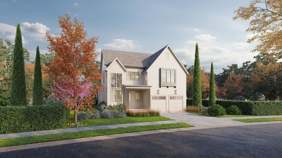 3D exterior rendering of a craftsman-inspired single-family house with modern windows and landscaped surroundings.