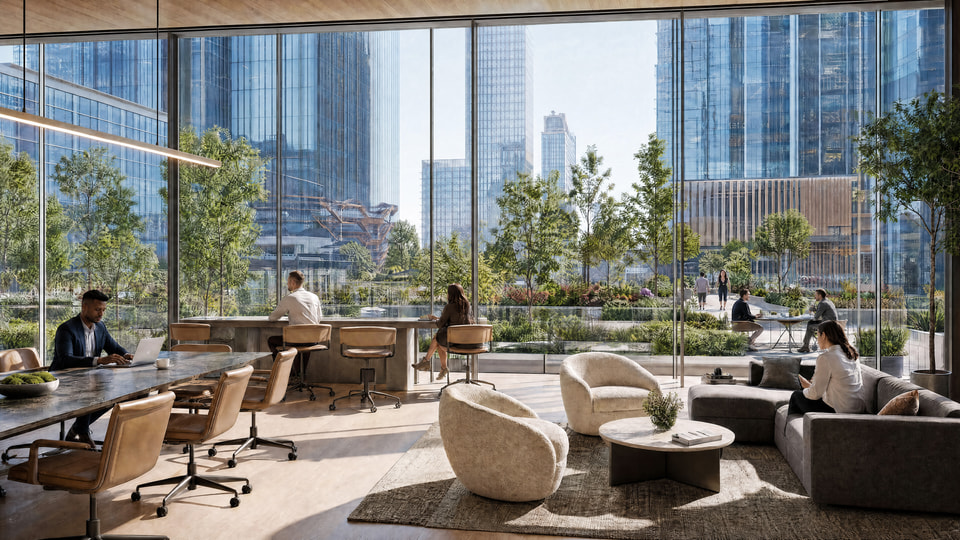 Office tower rendering with glass curtain wall set against the Manhattan skyline near Hudson Yards