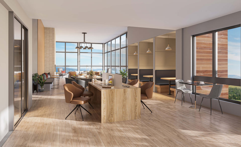 Origin multifamily business lounge rendering with workstations and lounge seating