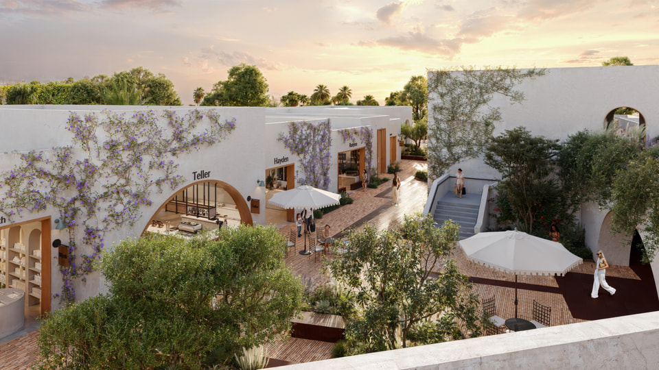 Santa Monica CA. Elevated rendering over a retail village courtyard with bougainvillea covered plaster walls, arched shops, brick paving, and umbrella cafe seating at sunset by Radical Galaxy Studio