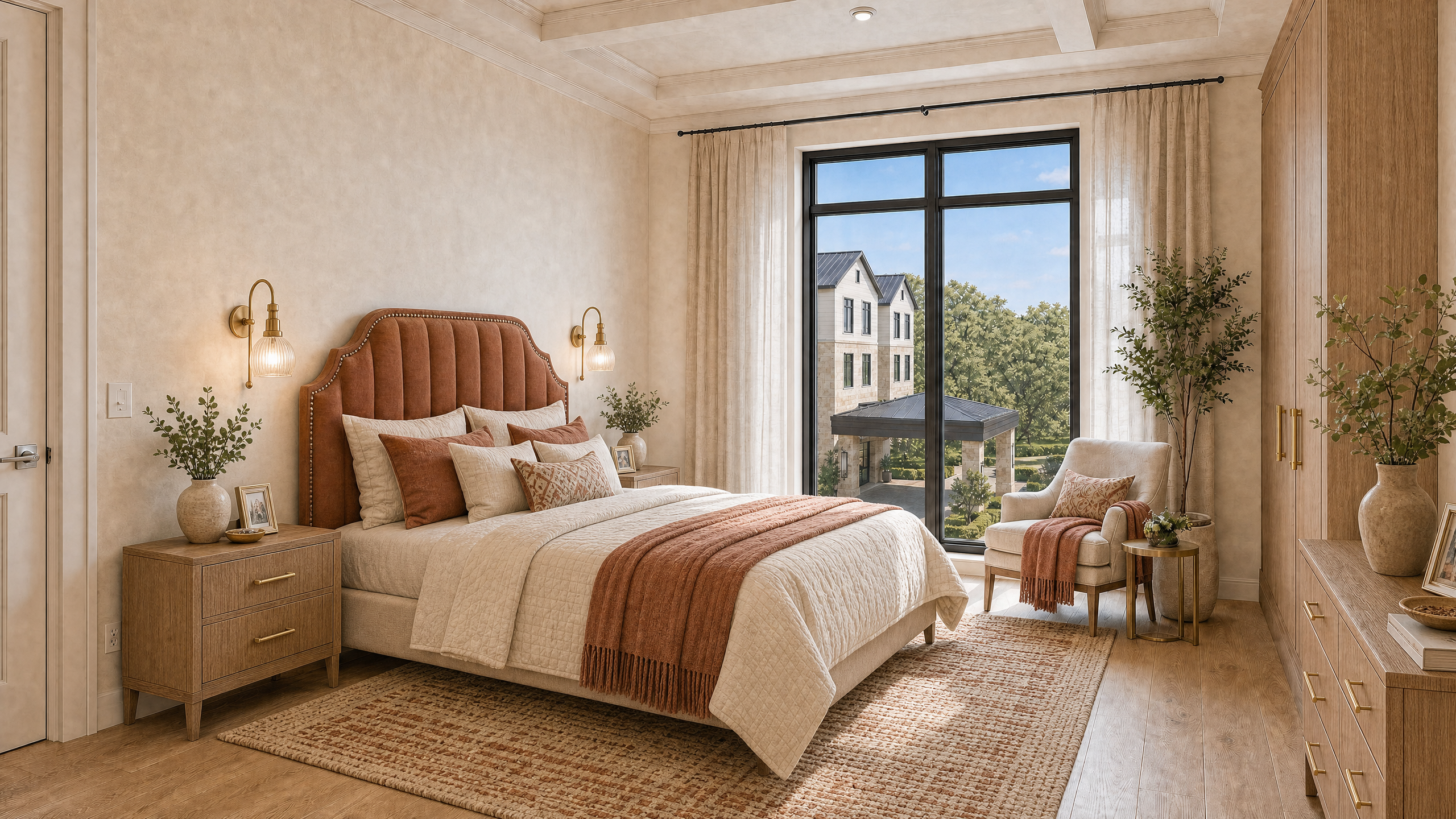 Senior living apartment bedroom rendering with natural light, real-scale furniture, and a view to landscaped grounds