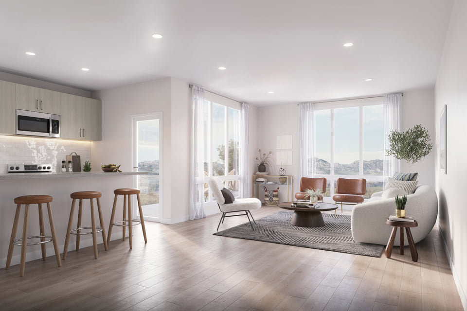 Multifamily rendering, open-plan kitchen and living room with floor-to-ceiling windows