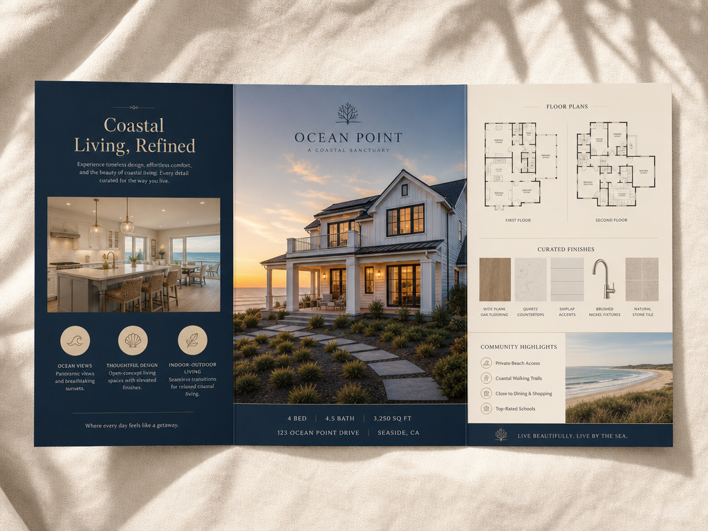 Luxury tri-fold coastal single-family home marketing brochure for Ocean Point with beachfront exterior rendering, floor plans, and curated finishes