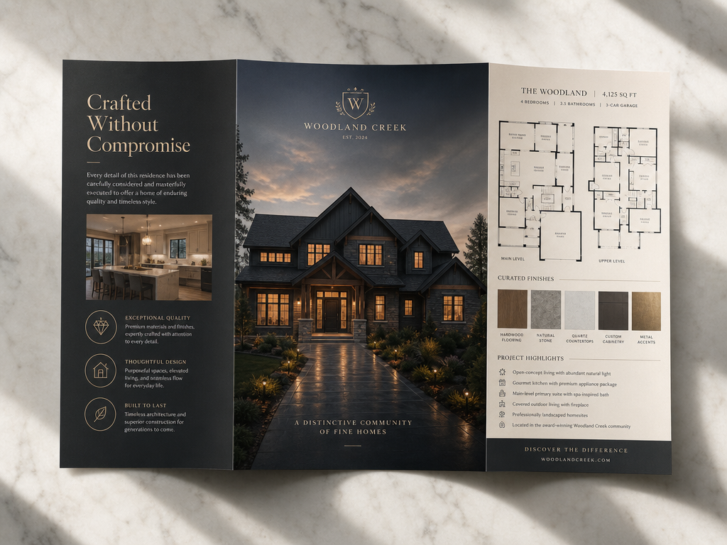 Luxury tri-fold single-family home marketing brochure for Woodland Creek with dark craftsman exterior rendering, floor plans, and curated finishes