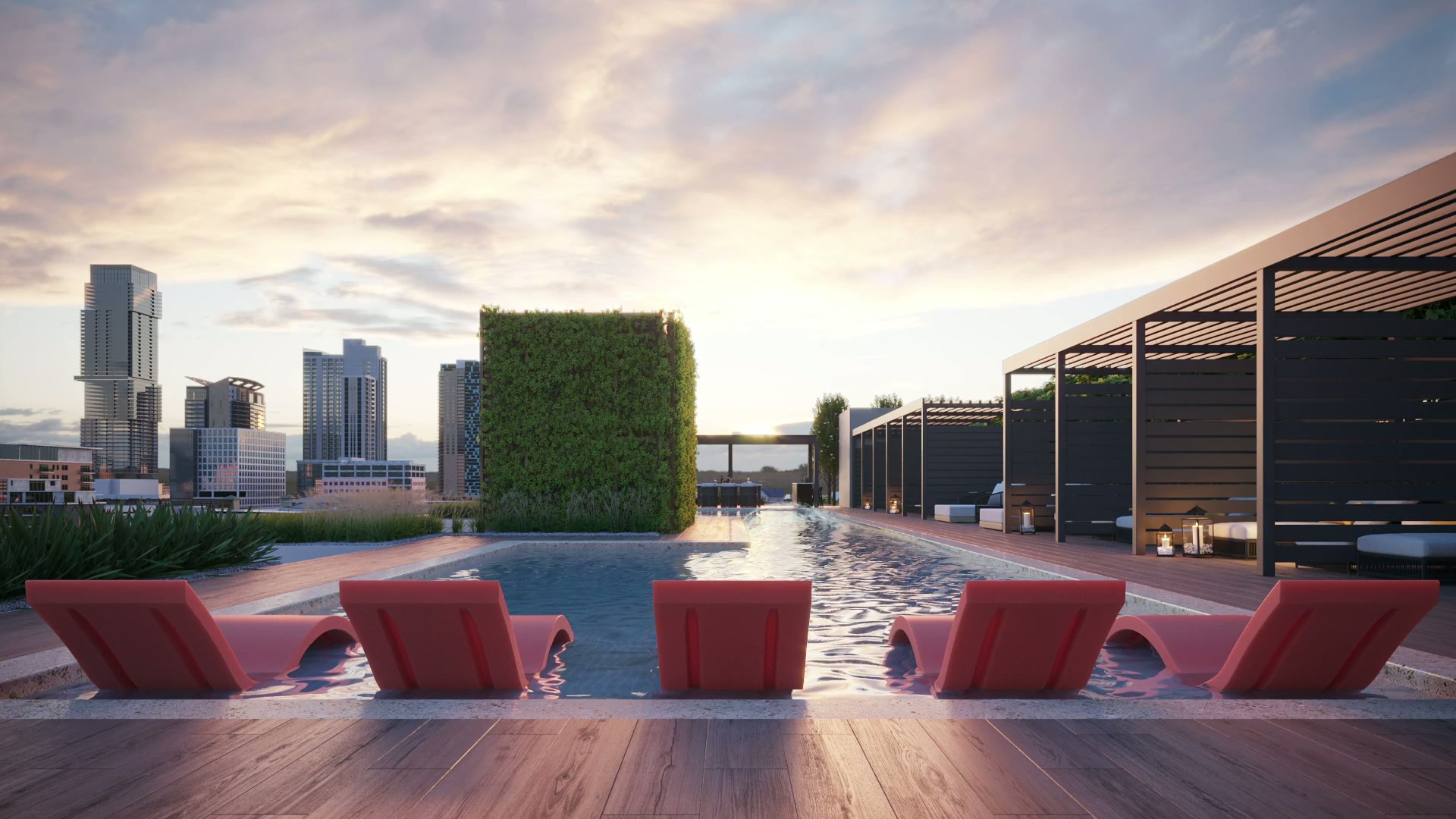 Rooftop lounge rendering at The Colorfield with the Austin skyline at dusk