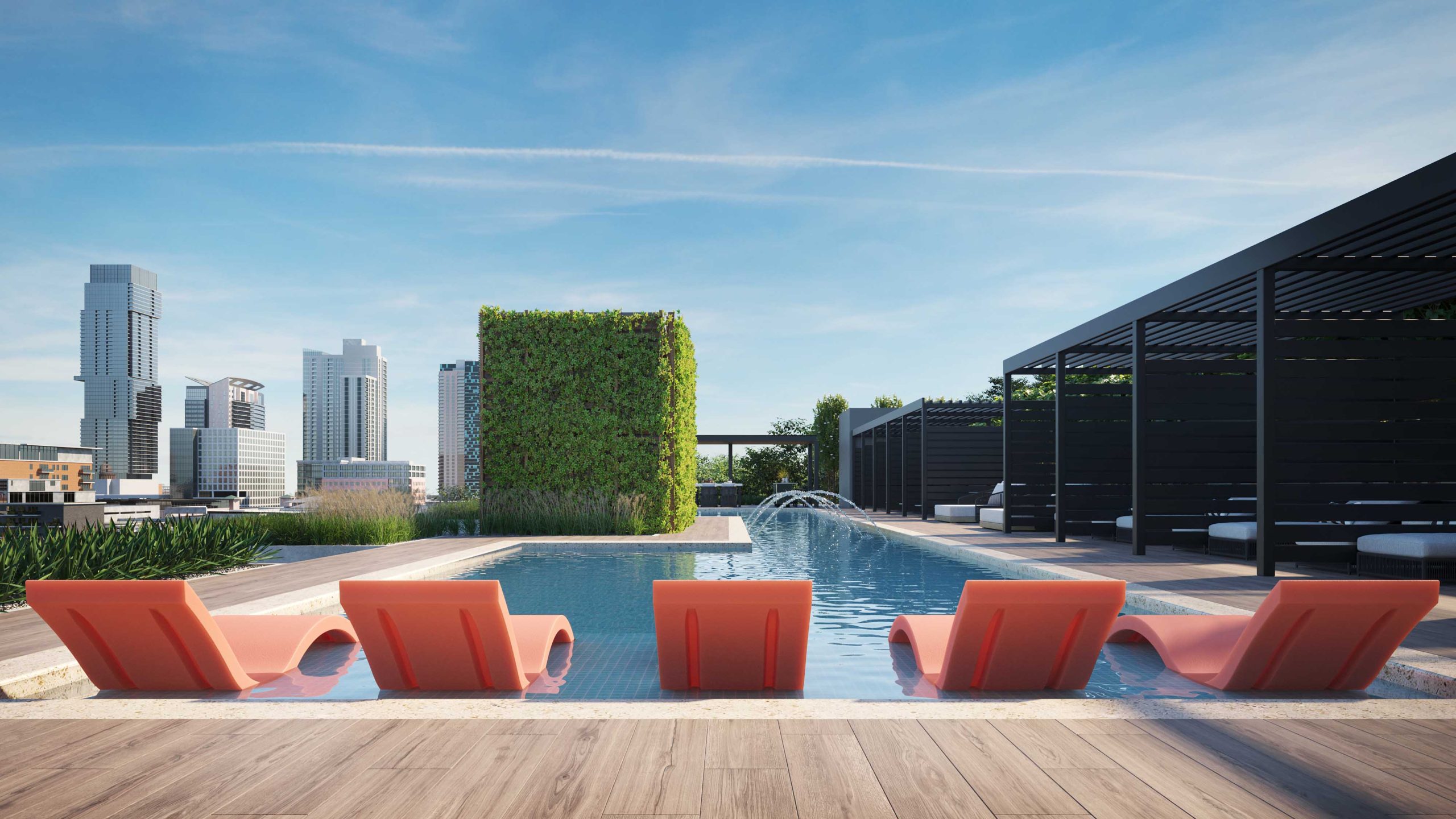 rooftop pool rendering showing the down Austin skyline in texas created by real estate marketing firm radical galaxy studio