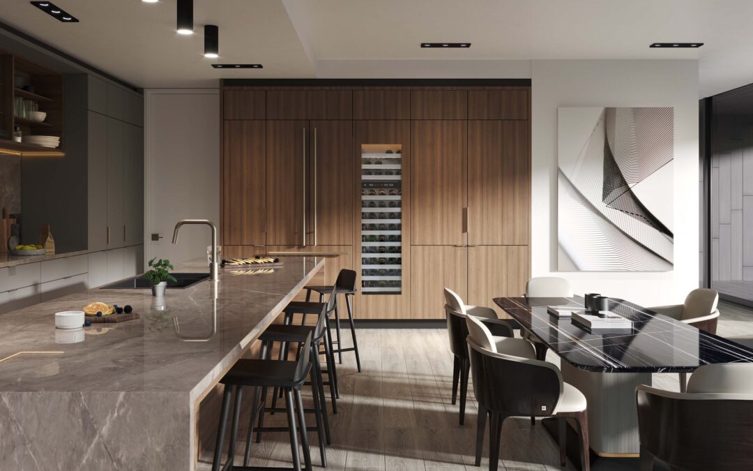 Kitchen Rendering for the Colorfield of a designer condominium created by Radical Galaxy Studio, in Austin, TX
