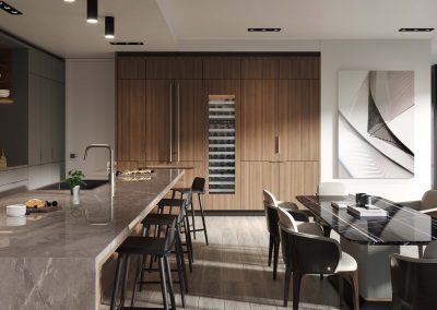 Kitchen Rendering for the Colorfield of a designer condominium created by Radical Galaxy Studio, in Austin, TX