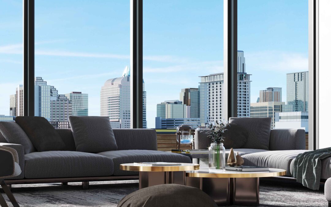 Living Room Rendering for The Colorfield in a condominium located in Austin, TX
