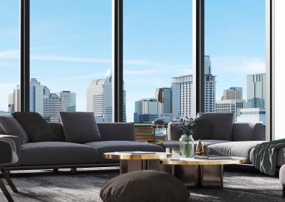 Living Room Rendering for The Colorfield in a condominium located in Austin, TX
