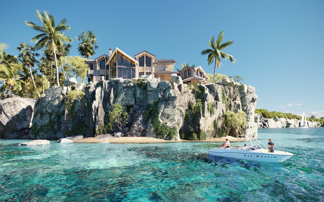 club house rendering overlooking the ocean with yachts in the background