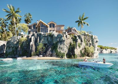 club house rendering overlooking the ocean with yachts in the background