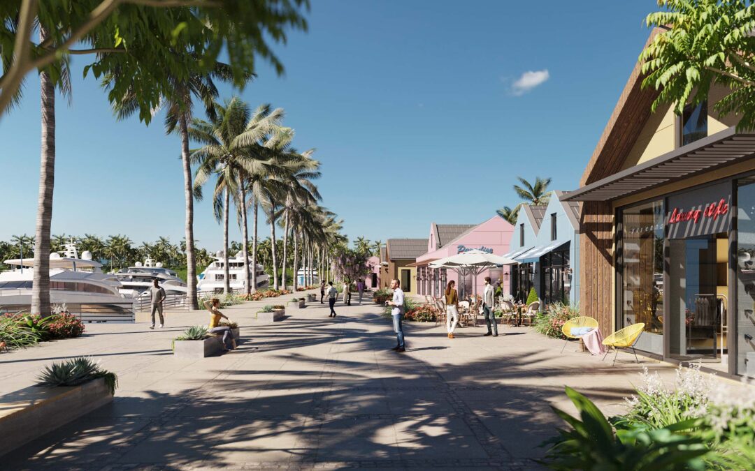 Marina village renderings showcasing the yacht club
