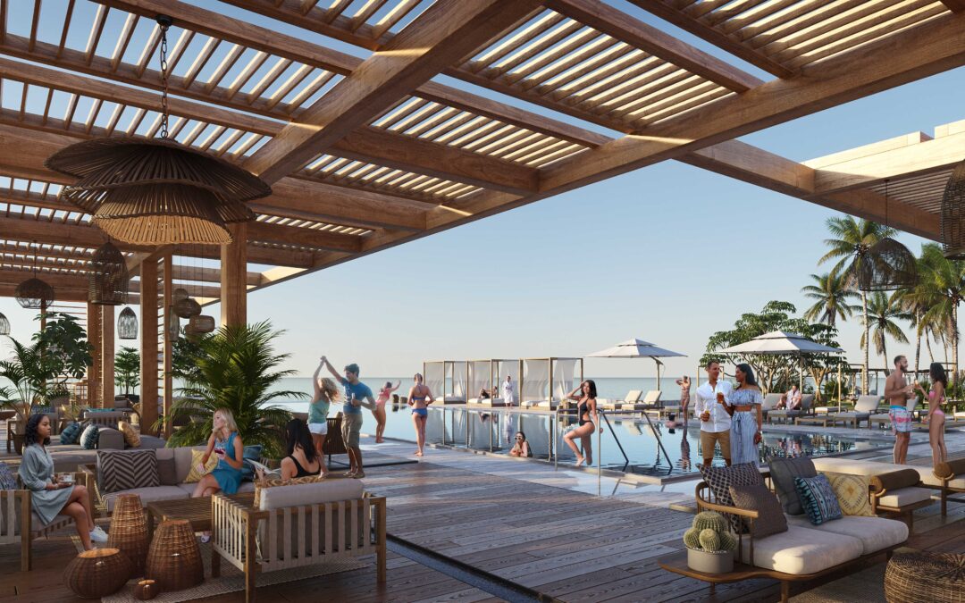 JLL Kona Hawaii Rendering showcasing toe social club around to oceanfront pool