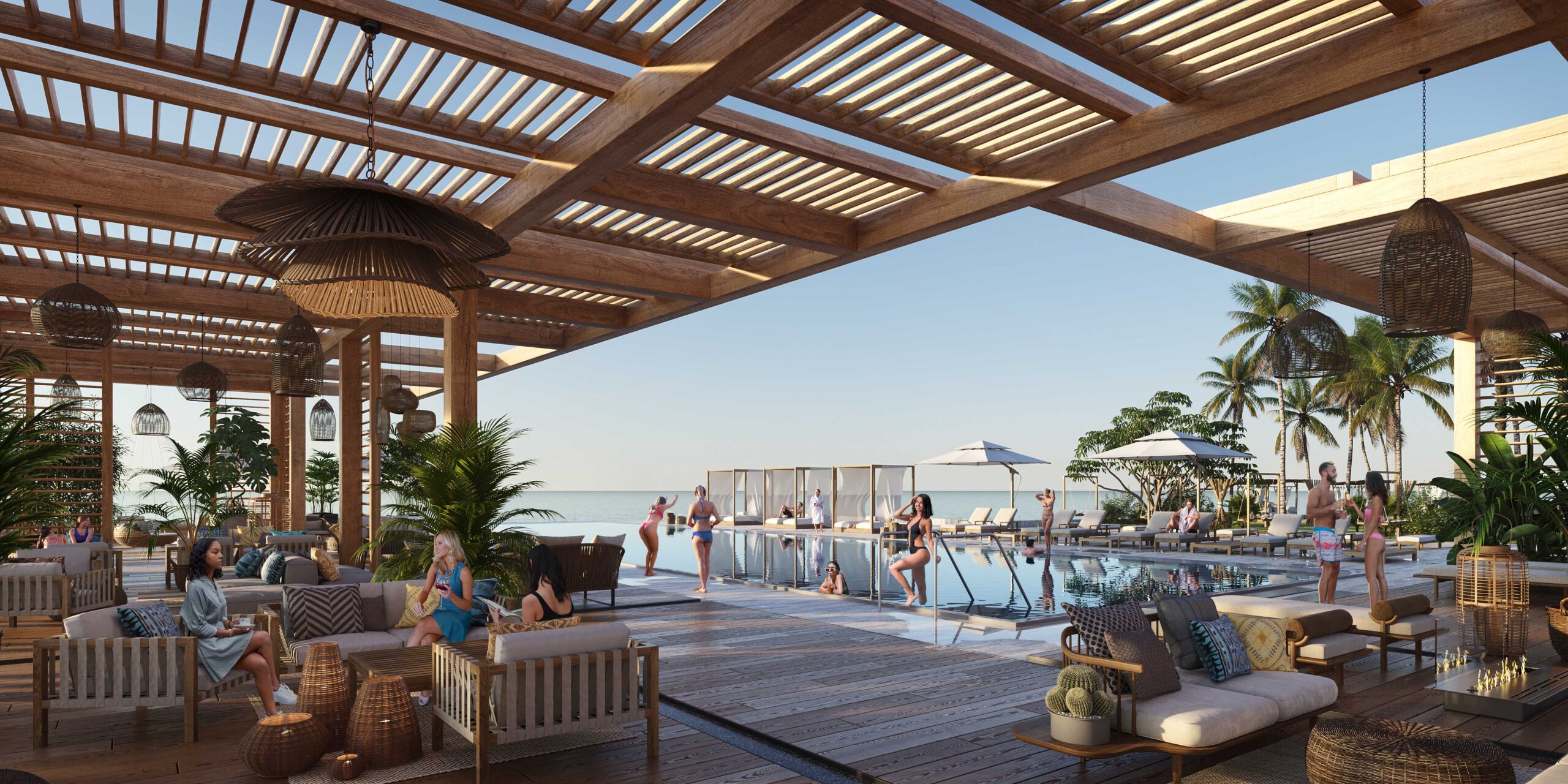 JLL Hawaii Rendering showcasing a modern social club around to oceanfront pool