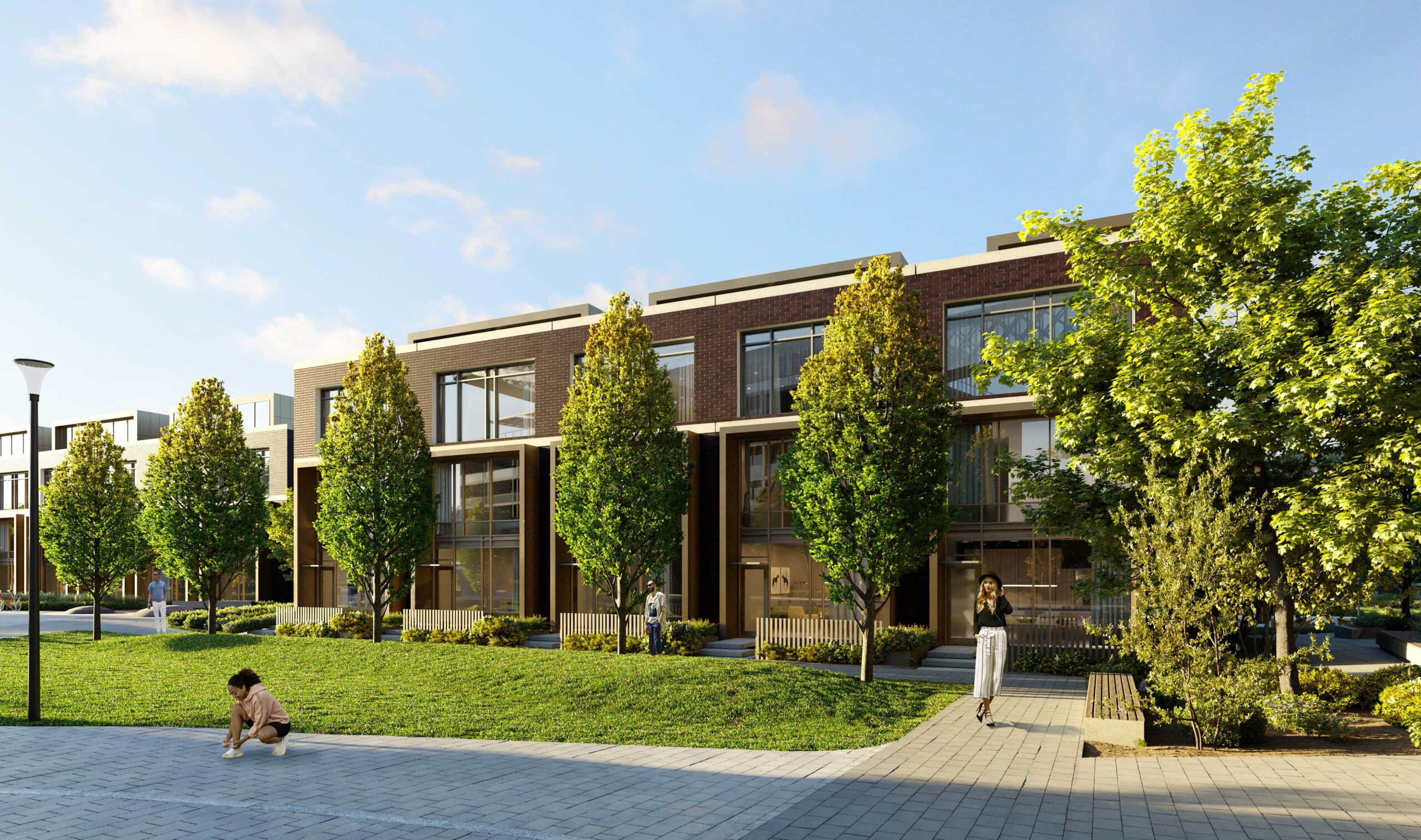 Exterior rendering of a modern adaptive reuse office building in Houston, featuring large glass windows, exposed brick, and metal accents with surrounding greenery and walkways