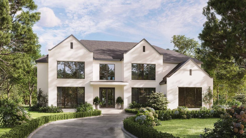 Architectural visualization of a two-story luxury residence with gabled roof and landscaped front drive