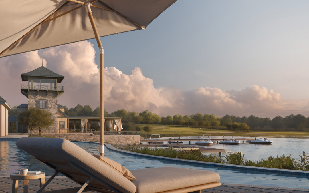 rendering service of a pool side hospitality asset in texas