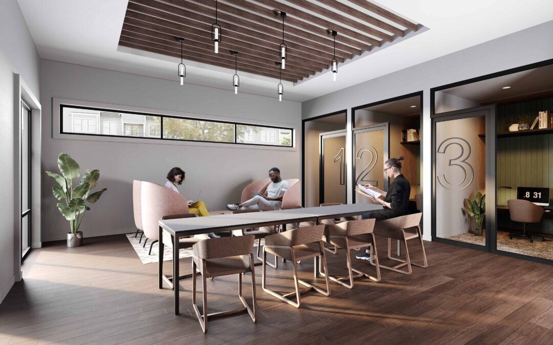 co-working lounge rendering of a trammell crow real estate property in Texas