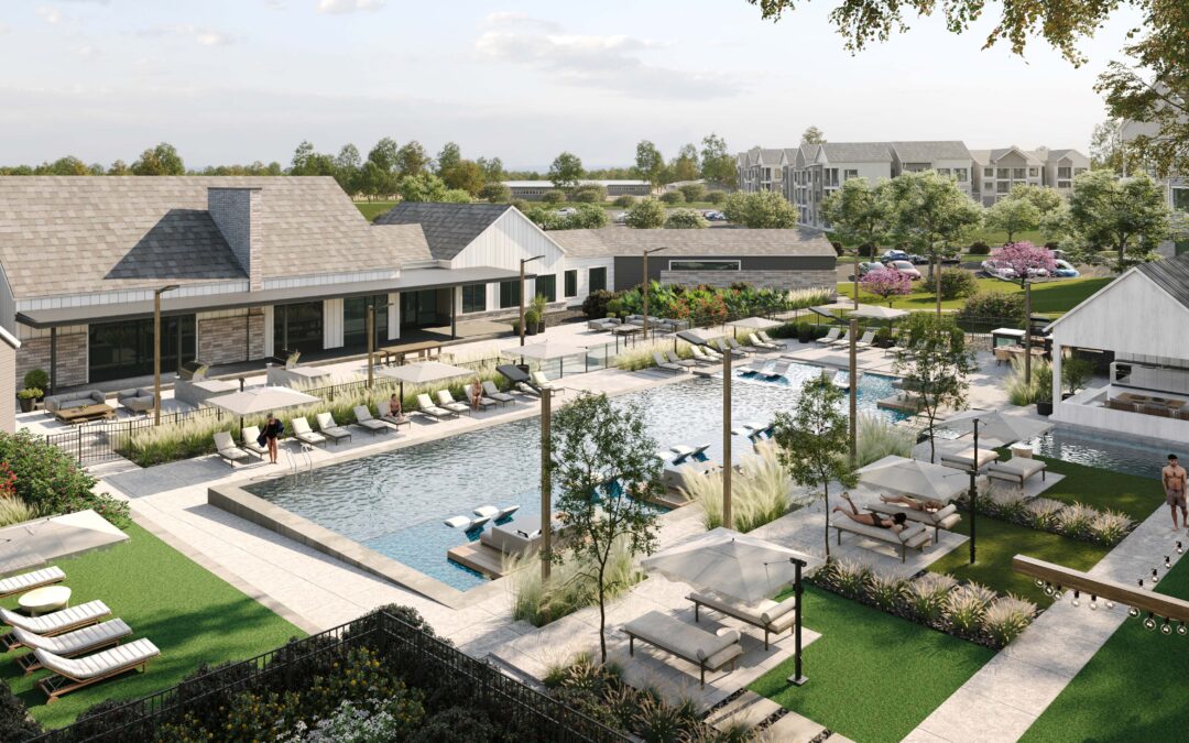 rendering company created a visualization of a multi family outdoor amenity space in texas