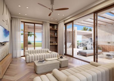 A rendering of a cozy living room in a Caribbean island home, featuring comfortable seating, vibrant throw pillows, and an open layout connecting to the outdoor patio.