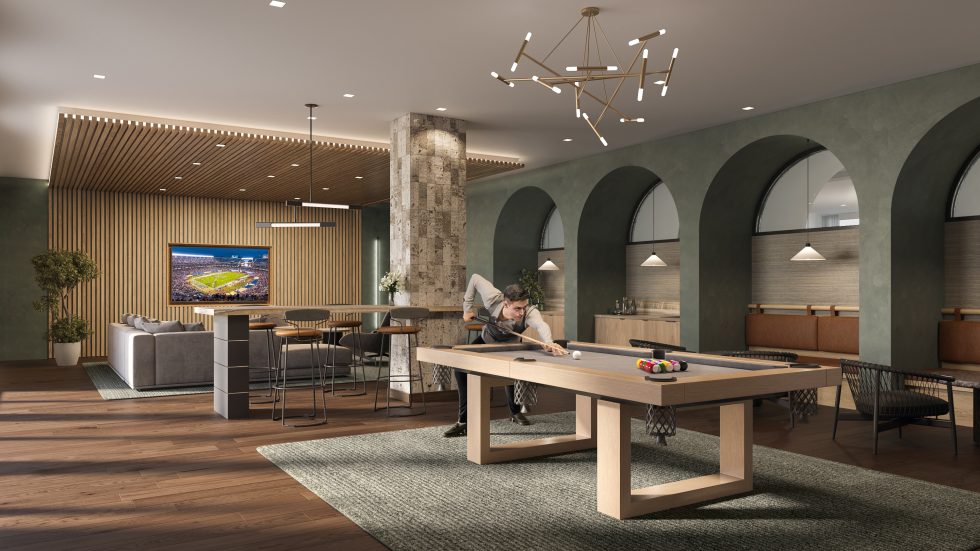 Multifamily rendering of Carmel Partners lounge created by Radical Galaxy Studio featuring pool table and modern seating