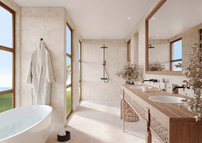 A 3D visualization of a Caribbean island home interior, showing a luxurious bathroom with a freestanding tub, walk-in shower, and natural stone finishes.