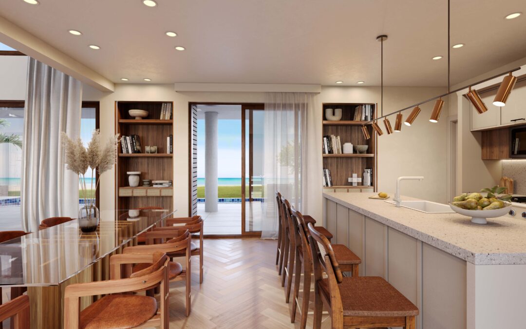 A 3D visualization of a Caribbean island home interior, showcasing a modern kitchen with high-end appliances, an island with seating, and tropical-themed decor.