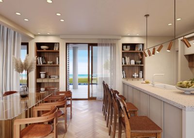 A 3D visualization of a Caribbean island home interior, showcasing a modern kitchen with high-end appliances, an island with seating, and tropical-themed decor.
