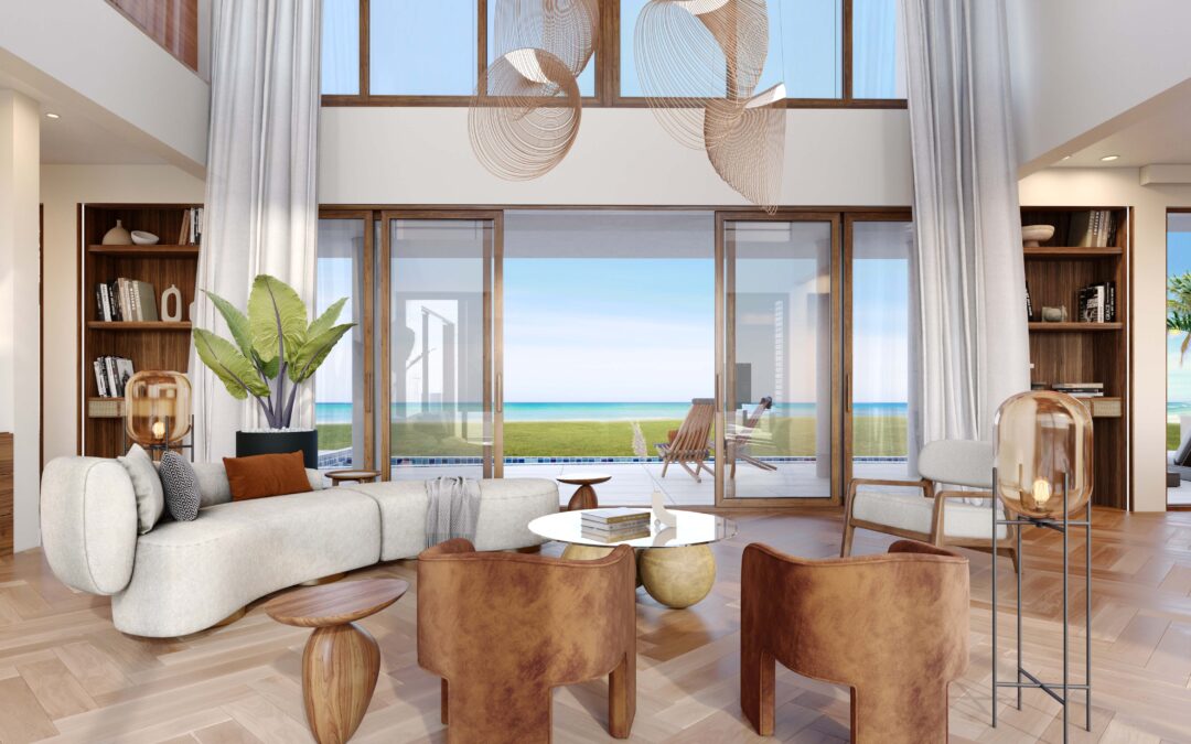 A rendering of a luxurious Caribbean island home interior, featuring an open-concept living area with large windows offering ocean views, decorated in light, airy colors.