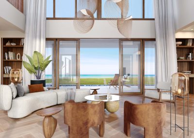 A rendering of a luxurious Caribbean island home interior, featuring an open-concept living area with large windows offering ocean views, decorated in light, airy colors.