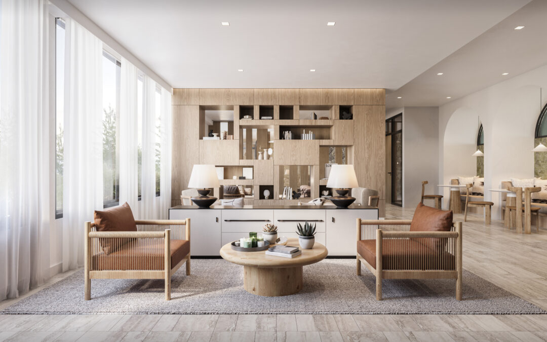 A modern lounge rendering for a San Diego apartment visualization. It features a sectional sofa, glass coffee table, and accent chairs in neutral tones with colorful cushions. Large windows offer city skyline views, creating an inviting, sophisticated space.