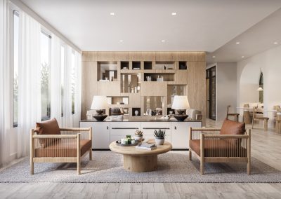 A modern lounge rendering for a San Diego apartment visualization. It features a sectional sofa, glass coffee table, and accent chairs in neutral tones with colorful cushions. Large windows offer city skyline views, creating an inviting, sophisticated space.