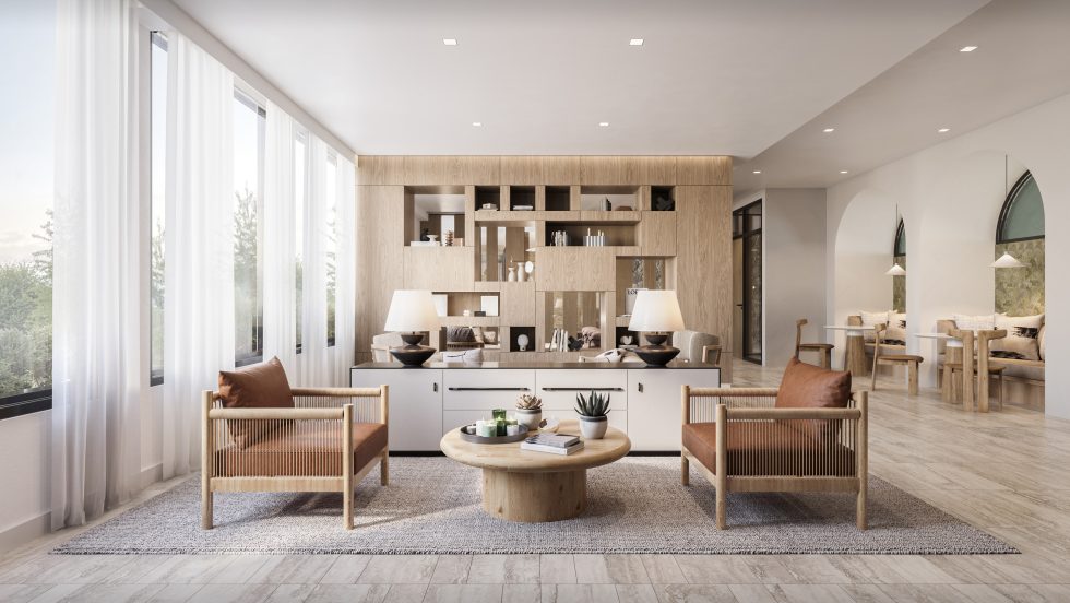 Interior architectural rendering of San Diego apartment living space highlighting soft tones and urban skyline