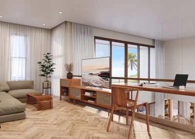 A rendering of a stylish home office in a Caribbean island home, with a sleek desk, plenty of natural light, and decor that reflects the island's serene atmosphere.