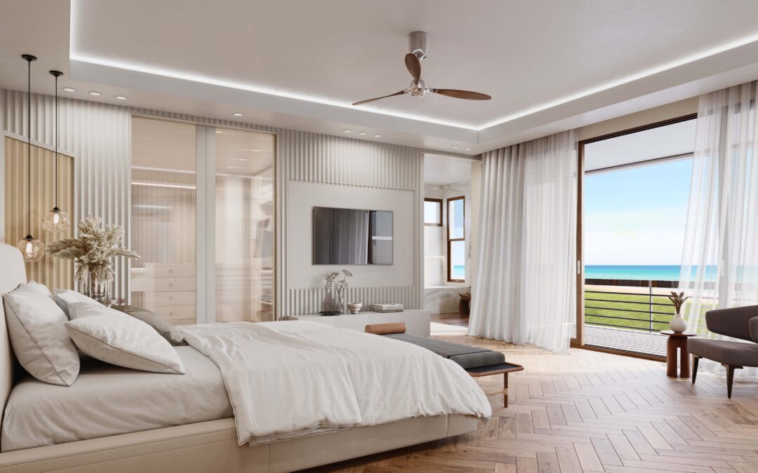 A rendering of a spacious master bedroom in a Caribbean island home, with a plush bed, large sliding doors leading to a balcony, and coastal-inspired furnishings.