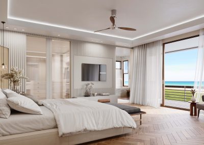 A rendering of a spacious master bedroom in a Caribbean island home, with a plush bed, large sliding doors leading to a balcony, and coastal-inspired furnishings.