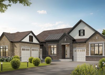 A 3D visualization of a single-family home in a master-planned community, featuring modern architecture, a spacious front yard