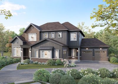 A single-family home rendering featuring a modern design with large windows, a spacious front yard, and a two-car garage.